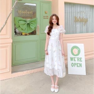 Váy hoa nhí cổ vuông vintage dáng dài tay ngắn phối nút bộc,đầm dự tiệc cưới công chúa sang chảnh xinh đẹp-3