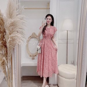 Váy hoa hồng cánh tiên dáng dài xòe đai eo-3