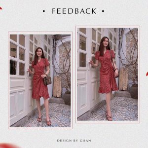 Váy hoa nhí tay bồng đuôi cá thiết kế GIIAN, đầm nữ công sở ngắn tay cổ V rút dây dáng dài G-V2156-6