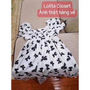 Váy Đầm Cotton Bồng Nơ Dài Họa Tiết Nơ Xinh Xắn Cho Nữ-2