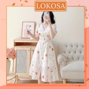 Đầm Dự Tiệc LOKOSA Váy Hoa Nhí Nữ Vải Voan Dáng Dài Thiết Kế Hàn Quốc cao cấp, đi chơi công sở VD047-5