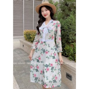 Đầm Nữ NHẬT VY Hoa Dáng Ôm Phối Nơ Cổ Chất Voan Công Sở, Đi Tiệc - D2251-5