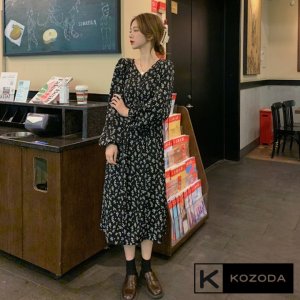 Váy babydoll dáng dài đầm hoa nhí trắng đen hàn quốc dài tay vintage tiểu thư đẹp kozoda D9-2