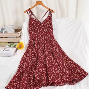 Váy hoa nhí 3 dây vintage. Đầm maxi chất liệu voan hở lưng gợi cảm-5