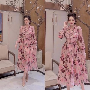 [Mã FATHANG5 giảm 10K đơn 50K] V047 Váy Dự Tiệc Dáng Dài pha Cổ Nơ , Đầm Hoạ Tiết Dài Tay , Chân Váy Dập Ly Cao Cấp-5