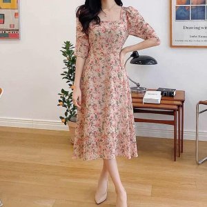 VNU220 - VÁY HOA HỒNG LÁ XANH CỔ VUÔNG TAY NHÚN-2