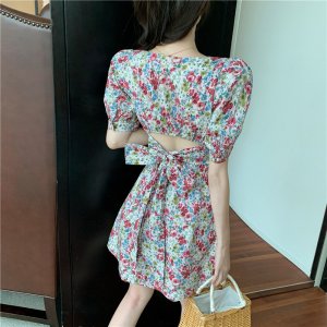 VÁY HOA NHÍ TAY BỒNG CỔ VUÔNG THẮT NƠ LƯNG HỒNG TÍM - VÁY HOA TÍM TIỂU THƯ-8