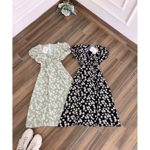 Váy đầm nữ dự tiệc dáng xòe hoa cúc họa mi tay con nhún trước ngực chất lụa hoa cao cấp mềm mại, mặc tôn dáng-3