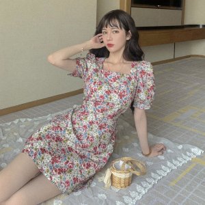 VÁY HOA NHÍ TAY BỒNG CỔ VUÔNG THẮT NƠ LƯNG HỒNG TÍM - VÁY HOA TÍM TIỂU THƯ-7