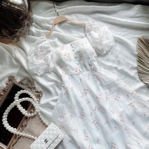 Váy hoa nhí cổ vuông vintage dáng dài tay ngắn phối nút bộc,đầm dự tiệc cưới công chúa sang chảnh xinh đẹp-7