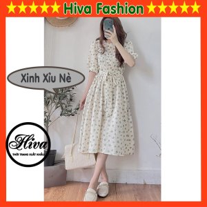 Váy trắng hoa nhí vintage body tay ngắn babydoll thiết kế , Đầm dự tiệc dây cột eo bản to-1