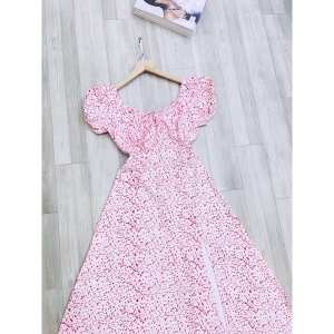 VN634 - VÁY HOA HỒNG NHÍ RÚT DÂY NGỰC XẺ TÀ-9