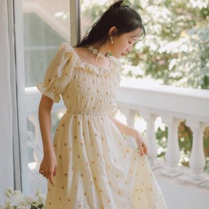 Váy đầm nữ dáng xòe tay con phối bèo họa tiết hoa nhí nhún ở ngực thiết kế trẻ trung thanh lịch-7