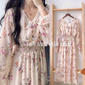 Váy Hoa ulzzang dáng dài cúc bọc voan tơ Quảng Châu Đầm hoa nhí vintage dáng dài-4