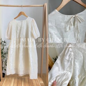 Váy kiểu Hàn Quốc V.097, Váy babydoll be 2 lớp cổ tròn tay phồng thắt nơ lưng họa tiết ren nổi cực xinh-4