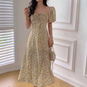 Váy hoa nhí dáng dài cổ vuông xẻ tà phong cách ulzzang vingate( Sẵn Hồng)-3