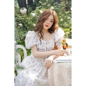 Váy cúp ngực cổ vuông tay bồng dáng dài tiểu thư hoa tím Chillgals - V040-2