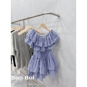 Váy Kẻ Trễ Vai Tầng Xanh Đen Hot Hit Có Ảnh Thật Kèm Video-8