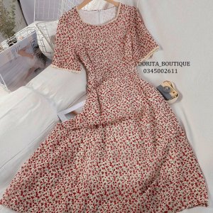Váy hoa nhí vintage cổ vuông ngắn tay, Đầm vintage dáng dài - Dorita Boutique-5