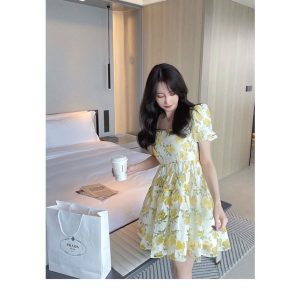 Váy hoa nhí babydoll hoạ tiết bông hoa vàng tay bồng ulzzang (video/sẵn)-2