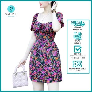 Váy hoa nhí MAISTYLE đầm body hoa nhí tay phồng cổ vuông trễ vai thiết kế đẹp dáng ngắn MY1113-6