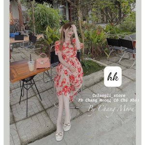 Váy hoa đỏ xếp ly ngực màu mới hot hit 2022 tay bồng siêu xinh-2