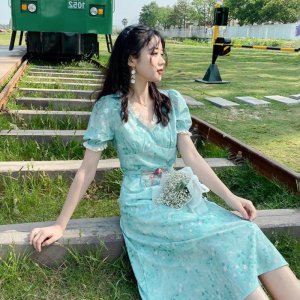 Đầm váy nữ hoa nhí dáng dài hai kiểu thắt eo cổ viền ren tiểu thư màu xanh cốm-6