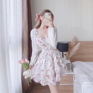 Set váy 2 món váy hoa 2 dây khóa lưng kèm áo khoác thun gân, Váy 2 dây hoa xếp ly ngực siêu xinh-5