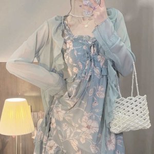 Set Áo Thun Ngắn Tay Và Đầm Dây In Hoa Chất Liệu Chiffon Thời Trang Trẻ Trung-5