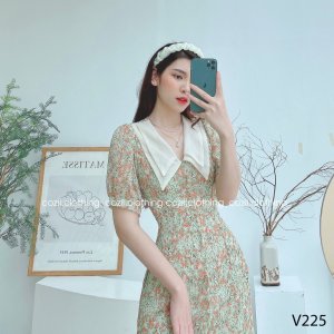 Váy Hoa Nhí Vintage Dáng Dài Cổ Bèo Vải Tơ Lụa Cao Cấp V225-8