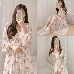 Váy Hoa ulzzang dáng dài cúc bọc voan tơ Quảng Châu Đầm hoa nhí vintage dáng dài-7