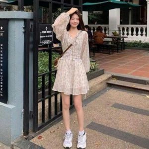 Váy hoa nhí dài tay tiểu thư kèm đai rút eo, Váy hoa vintage kèm đai corset siêu xinh (Có feedback của khách)-6