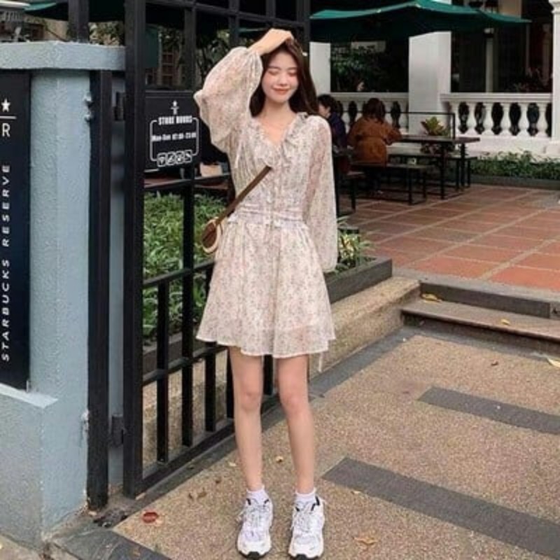 Váy hoa nhí dài tay tiểu thư kèm đai rút eo, Váy hoa vintage kèm đai corset siêu xinh (Có feedback của khách)-6