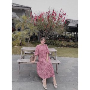 váy hoa nhí vintage dáng dài cổ tròn kiểu dáng hàn quốc-3