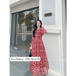 Đầm nữ maxi dáng dài cổ nơ đính ngọc voan hoa nhí D06-2