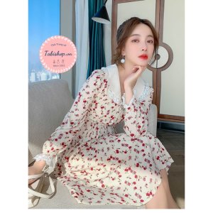 Váy Đầm hoa nhí dài tay cổ sen phối ren cho nữ bánh bèo, đầm tiểu thư phong cách hàn quốc dự tiệc đi chơi noel tết-4