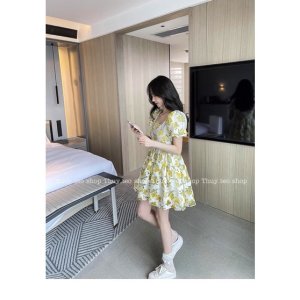 [Hàng sẵn] VÁY HOA NHÍ HOA CAM XANH CỘC TAY XOÈ BỒNG HAI LỚP HÀNG QUẢNG CHÂU-8