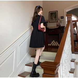 Đầm Cổ Polo Thắt Eo Màu Trơn Phong Cách Hàn Quốc Thời Trang Hè Cho Nữ-3