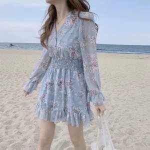 Váy hoa nhí Vintage đuôi cá dài tay có chun eo-4