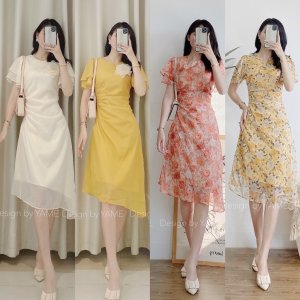 NHIỀU MẪU Váy đầm hoa ngắn tay dáng dài cổ tròn đính nơ cách điệu eo Lucie YAME màu vàng, trắng kem-1