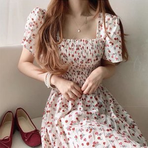 Đầm tay ngắn chất Chiffon hoạ tiết hoa phong cách Pháp-2