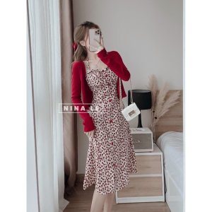 Đầm váy nữ 2 dây phối nút chất voan hoa kiểu tiểu thư kèm áo khoác ngoài tay dài xịn xò, sang chảnh cho nàng dạo phố-7