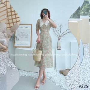Váy Hoa Nhí Vintage Dáng Dài Cổ Bèo Vải Tơ Lụa Cao Cấp V225-9