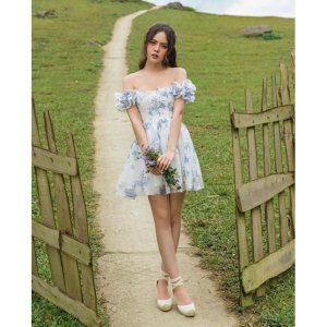 [Ảnh thật/Video]Đầm hoa Blue trễ vai mặc được hai kiểu Hàn Quốc Váy hoa tiểu thư ngọt ngào-3