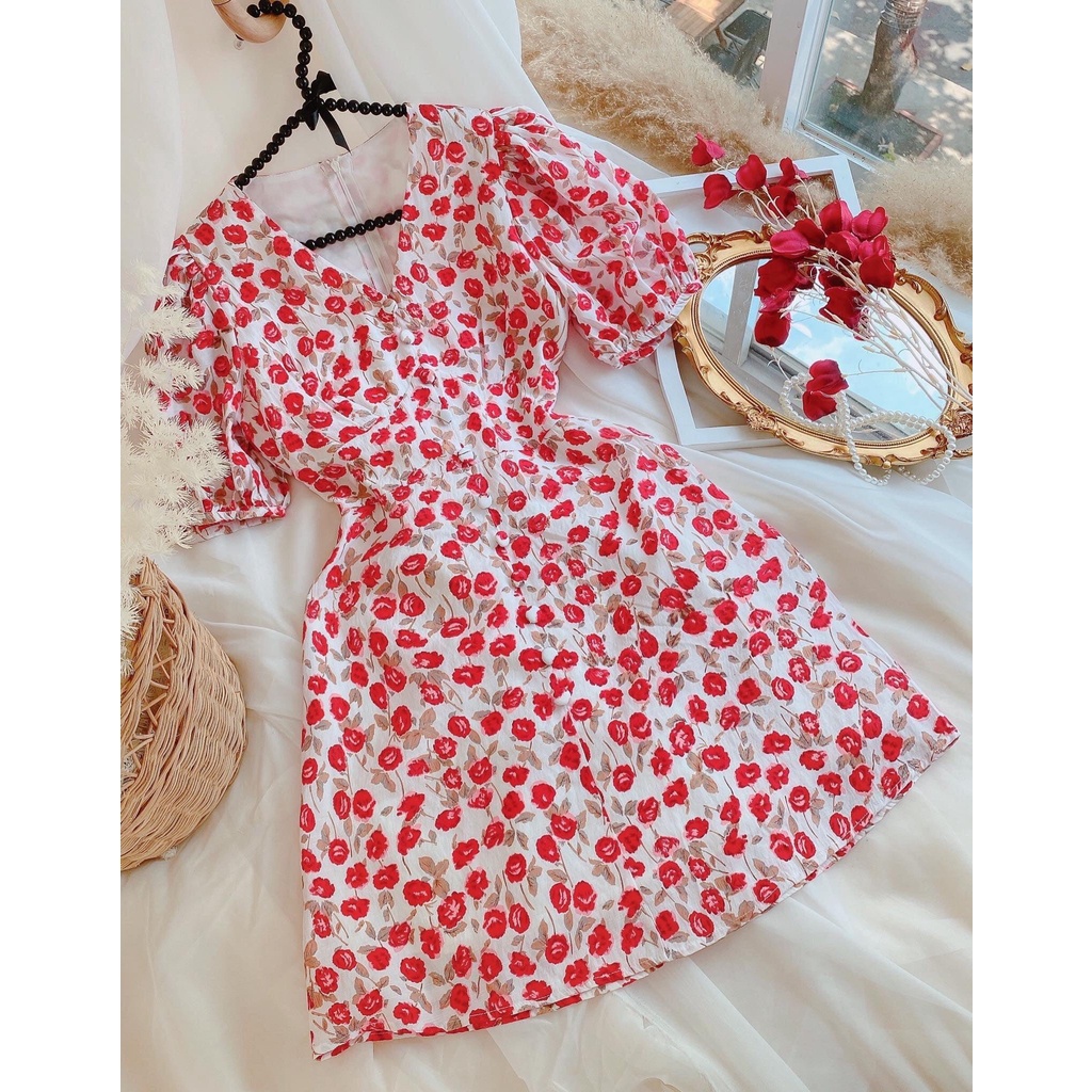 Váy hoa nhún eo chất thô mềm dễ thương HN10031-8