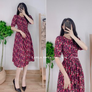 Váy hoa nhí nhún eo che khuyết điểm vintage EVA_V18-3