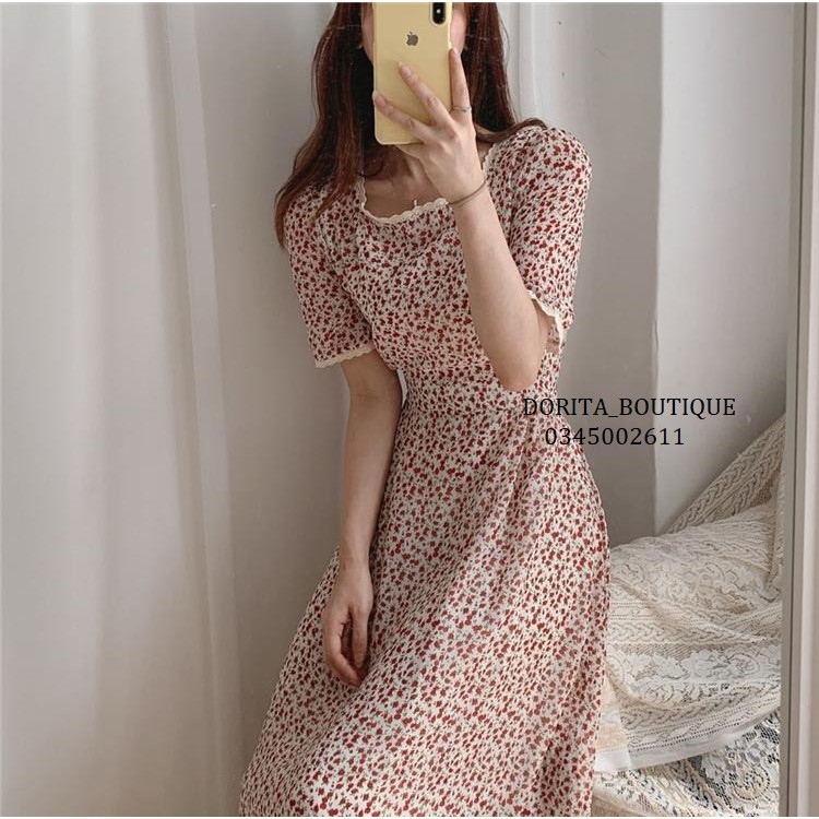 Váy hoa nhí vintage cổ vuông ngắn tay, Đầm vintage dáng dài - Dorita Boutique-3