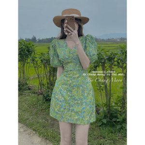 Váy đầm hoa xanh cổ V cúc bọc hàng đẹp V132-6