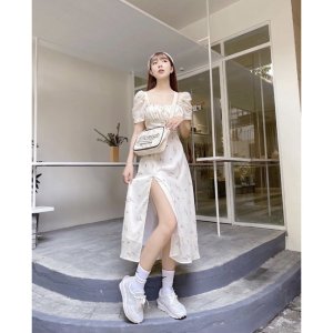 Váy hoa nhí tiểu thư vintage xẻ đùi - Đầm hoa nàng thơ (video/sẵn)-3