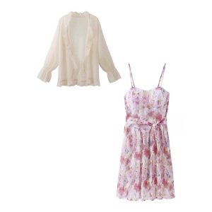 Set áo khoác cardigan mỏng + váy 2 dây hoa có sẵn mút ngực 🌷-5